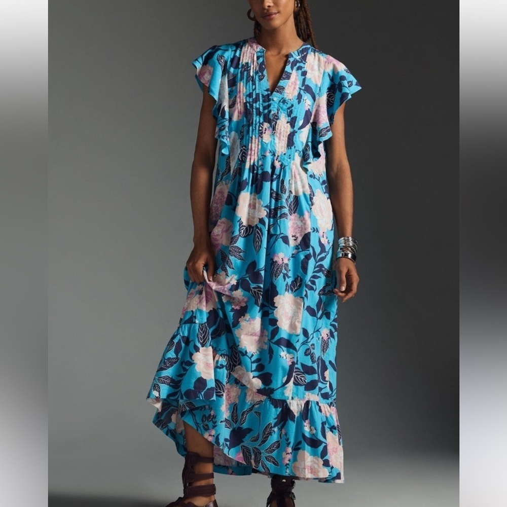 Anthropolagie Mauve Floral Blue Maxi Dress
